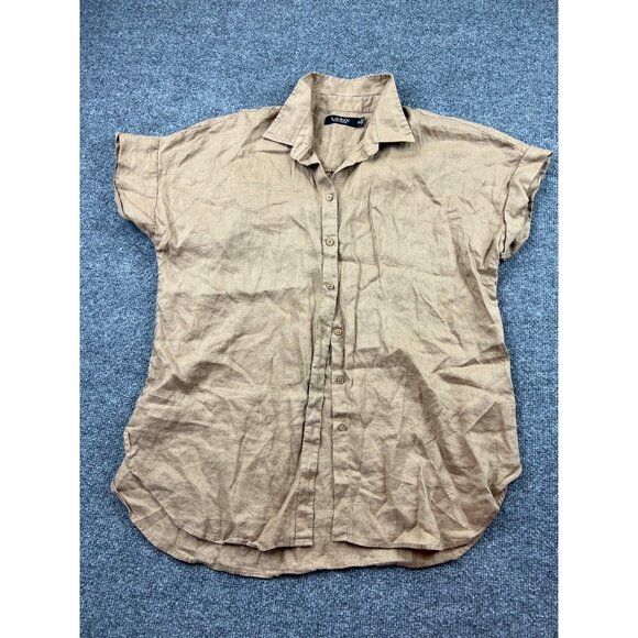 Lauren Ralph Lauren Linen Shirt Womens XL Tan Button Up Short Sleeve Tunic NWT - Picture 2 of 9
